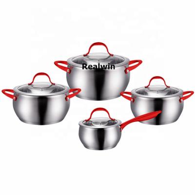 China Sustainable 8 PCS Stainless Steel Belly Shaped Cooking Pot Dutch Oven Pot Cookware Set With Induction Bottom for sale