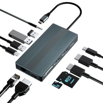 China Type-C Enabled Devices Support OEM Odm USB C Hub 12 In 1 Type C Laptop USB PD 100W Dual 4K HD MI Portable Hub for sale