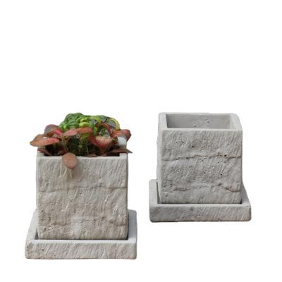 China Stylish Elegant Square Stone Grain Concrete Flower Pot Cement Pot With Tray For Garden Decor for sale