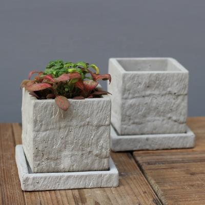 China Modern Design Modern Stylish Square Stone Grain Concrete Flower Pot With Tray For Home Decor for sale