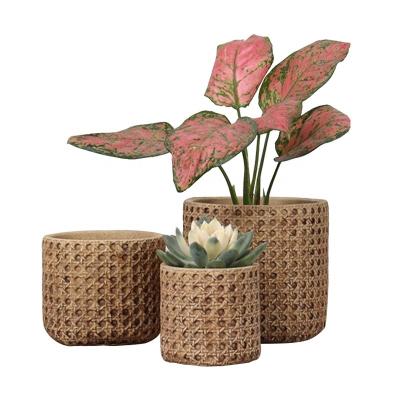 China Traditional Chinese Simply Classic Bamboo Design Creative Cement Weaving Flower Pot and Flowers for sale