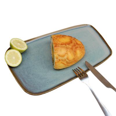 China Sustainable Ceramic Stoneware Tapeoid Shape Dish For With Gray Blue Reactive Glaze For Home And Hotel Use for sale