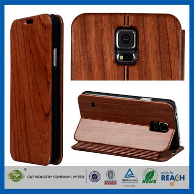 China Samsung S5 Premium Leather Wallet Flip Wood Cell Phone Cases With Magnetic Closure for sale