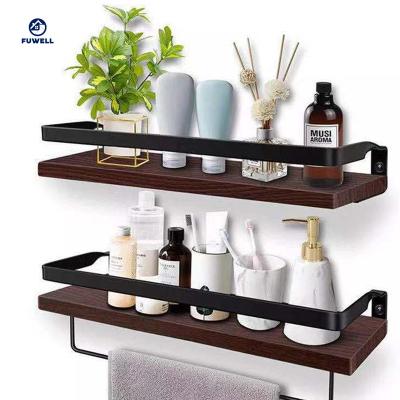 China Thick Iron 2 Shelf Modern Stylish Home Bathroom Storage Wall Shelf Decorative Wall Mounted Set With Wooden Boards For Shampoo for sale