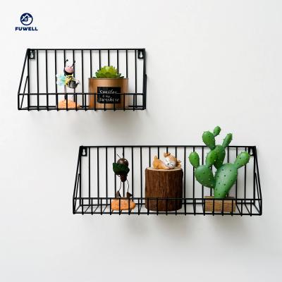 China Modern Stylish Home Decorative Wall Storage Wall Shelf Set of 2 Black Wood and Metal Wire Wall Rack Picture Frame, Potted Plant for sale