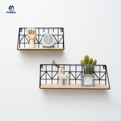 China Modern Stylish Home Decorative Wall Storage Wall Shelf Set of 2 Black Wood and Metal Wire Wall Rack Picture Frame, Potted Plant for sale