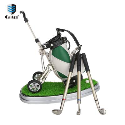 China Caiton Golf Bag Factory Customized Mini Cart Cart Stands With 3 Ballpoint Pens And Alarm Clocks 11cm for sale