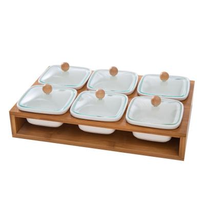 China Fashionable Dried Fruit Tray With Wood Shelf Ceramic 6 Compartments Nordic Style Christmas Happy New Year Gift Viable for sale