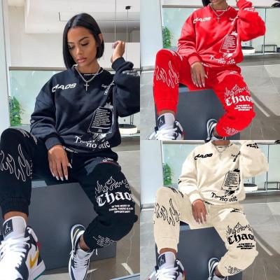 China 2021 Breathable Women Fall Clothing Sweatshirt Sheath Long Printed Sportswear Two Piece Set for sale