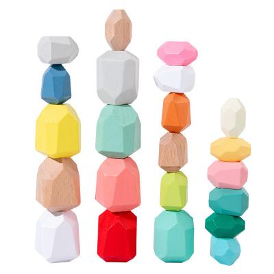 China Eco-friendly Material Colored Building Set Lightweight Natural Wooden Balancing Blocks Stacking Stones Toys Educational Kids Toys Manufacturer for sale