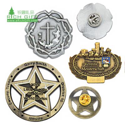 China Cheap Custom Europe Metal 3d Emboss Logo Bronze Brass Ribbon Plating Texas Baseball Star Christian Religious Custom Metal Pin Pins for sale