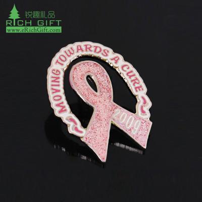 China Unique 3D Gold Metal Finish Die Cut Brooch Breast Cancer Awareness Ribbon Lapel Pin Badges Online Shopping Silk Purple Pink for sale