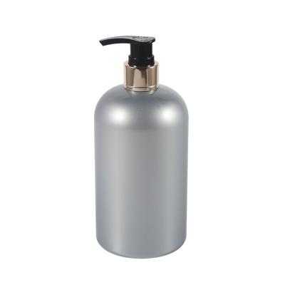 China Cosmetic PET Boston Round Silver Gray Bottle Golden Pump Head Plastic Bottle Cosmetic Lotion Pump Bottle Screw Cap 500ml/900ml for sale