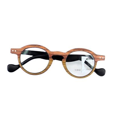 China Thin Wood Grain Small Round Frame Reading Glass New Smart Multifocal Reading Glasses for sale