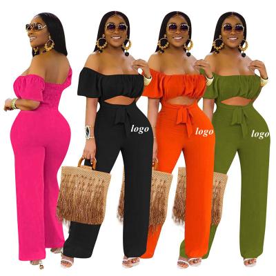 China 2022 New Arrival Breathable Overalls Woman Casual Slash Neck Off Shoulder Wide Leg One Piece Overalls For Women for sale