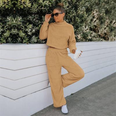 China 2021 Side QUICK DRY Double Fleece Home Wear Woman Sweatsuit Set Wide Leg Pants Set Women Joggers Set for sale