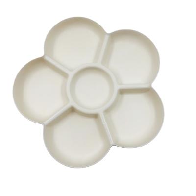 China 2021 Sustainable New Design Flower Shape Five Parts Divided Serving Snack Fruit Candy Bamboo Fiber Tray Plate for sale