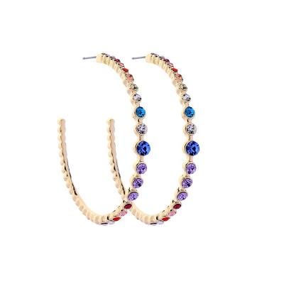 China ALLOY 2.5 Inch Rainbow Diamond Crystal Big Gold Stainless Steel Colorful Circle Hoop Earrings For Girls for sale