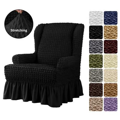 China Spandex Elastic Cotton Seersucker Polyester Wing Back Armchair Stretch Cover With Elastic Bottom With Ruffle Wholesale for sale