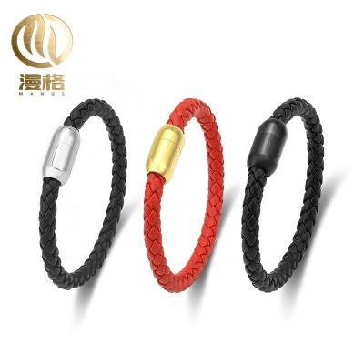 China 2021 TRENDY Hot Sale Fashion Red/Black Leather Rope Bracelet 6mm With 19mm Stainless Steel Bead Smooth Buckle For Men And Women for sale