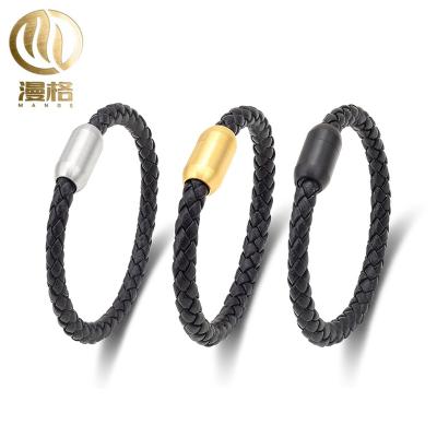 China Newest TRENDY Fashion 6mm Rope Leather Bracelet With 19mm Stainless Steel Color/Black/Gold Frosted Pearl Flat Buckle For Men for sale