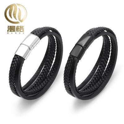 China FASHIONABLE Stylish Magnetic Color Stainless Steel Men's Bracelet With Leather Woven Bracelet Jewelry for sale