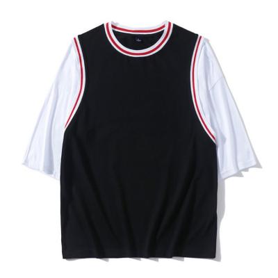 China Breathable Masheng Basketball Wear Clothes Team Uniforms Faked Two Pcs Cotton T-shirt Splicing Sleeve Fashion Tank Top Unisex T-shirt for sale