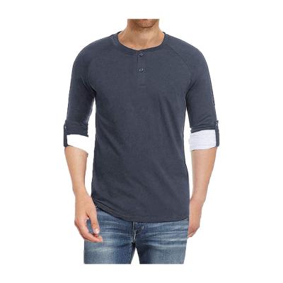 China Masheng Breathable Casual T-Shirt For Men Splicing Retractable Slim Fit Henry Shirt 2 Buttons Stylish Mens T Shirts for sale