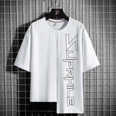 China 2021 Breathable Hot Sale Amazon Half Sleeve Men T-shirt Hip Hop Quilting Letter Color Block Printed White T Shirts For Men 100% Cotton for sale