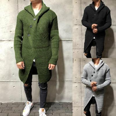 China Breathable Asymmetrical Design Knit Acrylic Urban Casual Button Cardigan Men 2021 New Down Long Hooded Cardigan Sweater Men for sale