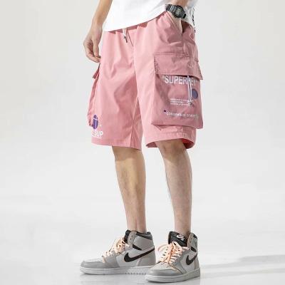 China Masheng Breathable 2021 Wholesale Summer Hip Hop Shorts Stylish 3XL Style Drawstring Shorts Big Pockets Mens Loose Knee-Length Pink for sale