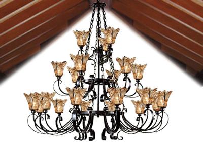 China Customized Amber Glass Shade Retro Large Hotel Chandeliers 15 Light 3 Layer For Villa for sale