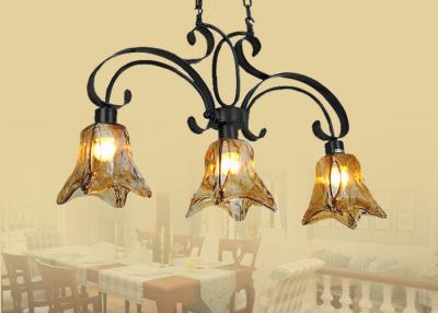 China Amber Glass Shade Wrought Iron Chandelier Unique / Rustic / Retro Style 3 Light , E27 Base for sale