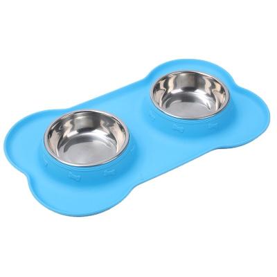 China Eco-friendly Double Stainless Steel Dog Bowls Cervical Stocked Silicon Bowl Pet Mat Anti Semut Raised Feeder for sale