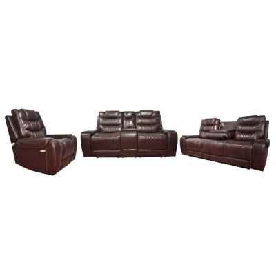 China Top Grain Recliner Sofa 3 Seaters Reclining Genuine Leather Electric Sofa With Turning Back Recliner Sofa With Drop Table And Console for sale