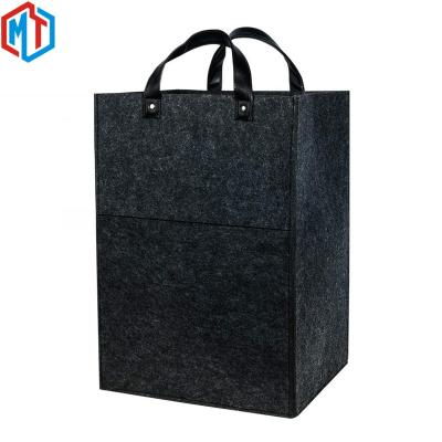 China Sustainable Felt Laundry Bag Felt Laundry Storage Basket With Foldable PU Handmade Woven Oversized Handle OEM for sale