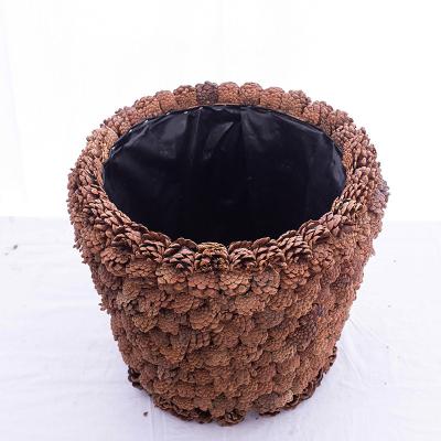 China Factory Price CLASSIC Handmade Decor Plant Pot Pine Cone Wooden Flower Pots With Plastic Liner for sale