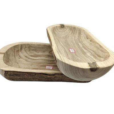 China Modern Amazon Long Oval Paulownia Wood Tray With Pot Wooden Container Bark Plant Wood Tray for sale