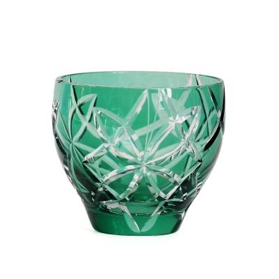 China Cocktail Glass Mug 270ml 9oz Green Hand Cut Glass Tumbler Lead Free Glass Whiskey Cup Drinking Glass for sale