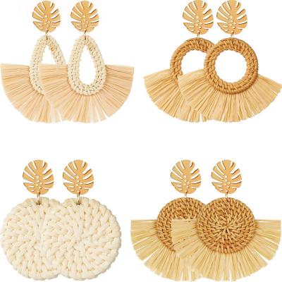 China Fashion Fashion Geometric Tassel Bohemian Earrings Handmade Rattan Straw Hoop Drop Dangle Earrings Sets For Women Girls for sale