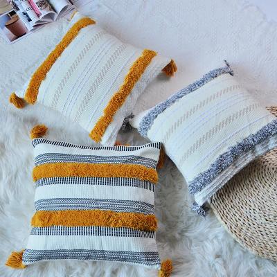 China Cushion Cover Cotton Tassel Folded Tufted Adornment Canvas Pillowcase Embellished Decorative Beige Tile Cushion Cover Fashionable Case for sale