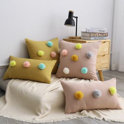 China Folded Pillow Case Luxury Soft Solid Color Pillow Cover Polyester Lumbar Lumbar Pillow Case With Pompom Balls For Sofa Chair Bed 45x45cm for sale