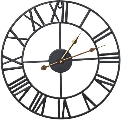 China Antique Style Classic Metal Round Iron Skeleton Shaped Antique Industrial Roman Numerals Home Decor Black Wall Clock for sale