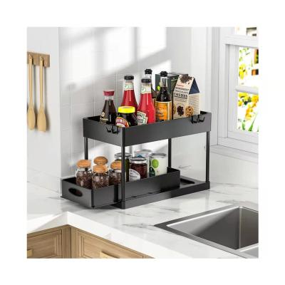 China Bathroom Kitchen 2 Tier Drinks/Food Sliding Basket Drawer Storage Organizer With Hooks for sale