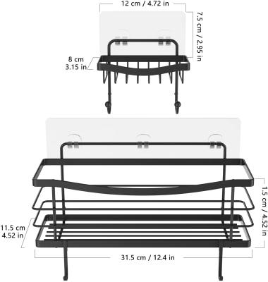 China Rust Resistant Stainless Steel Bathroom Shower Caddy Shelf With Soap Dish Holder 2 Adhesive Hooks for sale