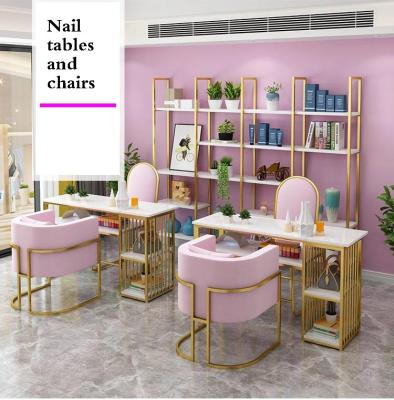 China Eco-friendly Modern Simple Nail Table Manicure Table Iron Double Table And Chair Set Marble for sale