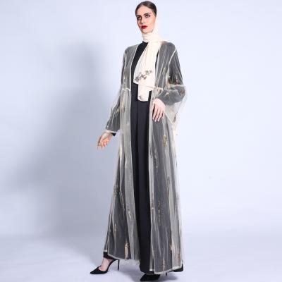 China OpenAbaya Fashion Flare Daily Sleeve Lace Up Sequined Mesh Long Muslim Dresses Outer Cardigan Woman Dubai Abaya for sale