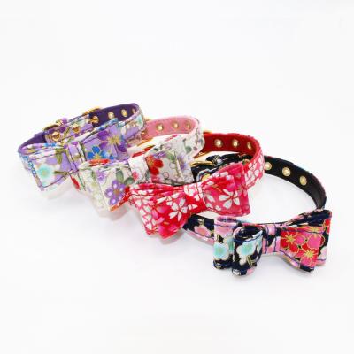 China 2021 New Japanese Style Dog Reflective Handmade Adjustable Tweed Bow Pet Accesoria Chain Dog Collar Pink for sale