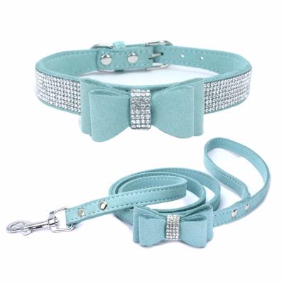 China 2021 Explosives Double Charms Faux Stone Bowknot Reflective Faux Stone Bowknot Hot Vegan Bling Dog Collar And Leash for sale