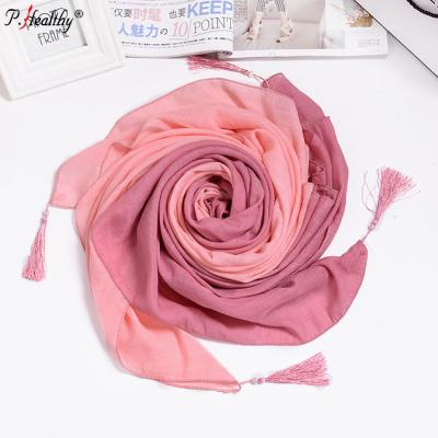 China New Design 2020 Summer Luxury Cotton Ladies Tassels Scarf Ombre Color Malaysia Pashmina Shawl for sale